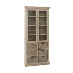 Buffet vaisselier SAKOA 2 portes 6 paniers Bois naturel / Rotin / Verre