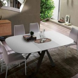 Table à rallonge BOMBO en Verre anti-empreinte Blanc et piétement en métal