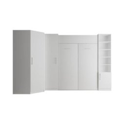 Composition armoire lit escamotable SMART-V2 blanc mat Couchage 160 x 200 cm 2 colonnes rangements + angle