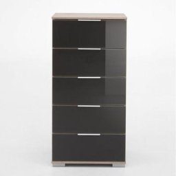 Commode ENSSE 5 tiroirs chêne et verre gris