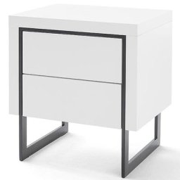 Chevet COPENHAGUE laqué blanc brillant piétement métal noir 2 tiroirs