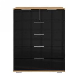 Commode ENSSE 6 tiroirs chêne artisan rechampis verre noir