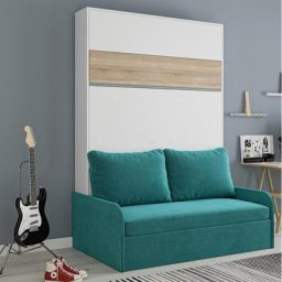 Armoire lit escamotable BERMUDES SOFA blanc bandeau chêne canapé bleu azur 140*200 cm