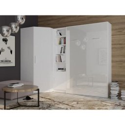 Lit escamotable d'angle SMART-V2 140*200 cm, blanc mat / façade gloss blanc brillant