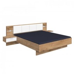 Lit chevets, étagère et éclairage VIRONI 160 x 200 cm chêne et blanc