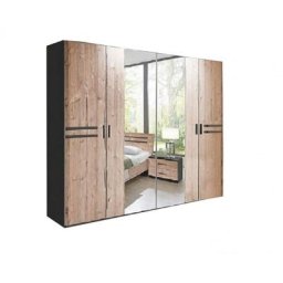 Armoire IDAHO 4 portes 2 miroirs 225 cm graphite / chêne silver