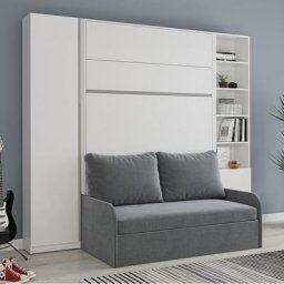 Composition lit escamotable 140 blanc mat BERMUDES SOFA canapé microfibre gris 2 colonnes