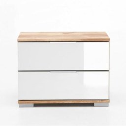 Chevet ENSSE chêne poutre et verre blanc 2 tiroirs
