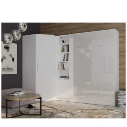 Composition armoire lit angle SMART-V2 160*200 cm, blanc mat / façade gloss blanc brillant