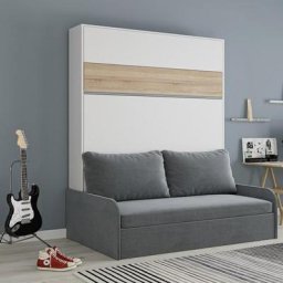 Armoire lit escamotable BERMUDES SOFA blanc bandeau chêne canapé gris 160*200 cm