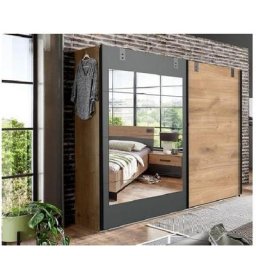 Armoire coulissante VERNON style industriel 1 porte chêne poutre 1 porte miroir