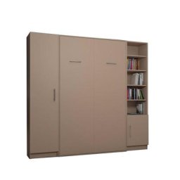 Composition armoire lit escamotable SMART-V2 Taupe mat Couchage 140 x 200 cm colonne armoire et bibliothèque