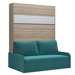 Armoire lit escamotable BERMUDES SOFA chêne bandeau blanc canapé bleu 160*200 cm