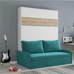 Armoire lit escamotable BERMUDES SOFA blanc bandeau chêne canapé bleu azur 160*200 cm
