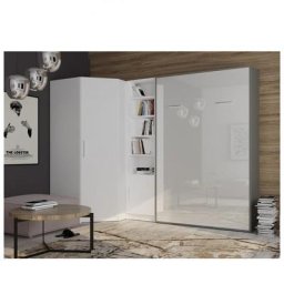 Composition armoire lit angle SMART-V2 160*200 cm, gris graphite mat / façade gloss blanc brillant