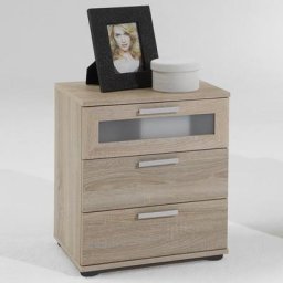 Chevet JARSY coloris chêne 3 tiroirs avec tiroir supérieur avec verre opaque