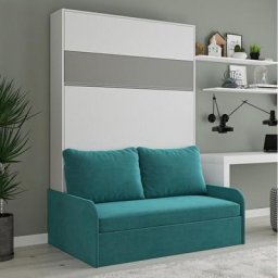 Armoire lit escamotable BERMUDES SOFA blanc bandeau gris canapé bleu 140*200 cm