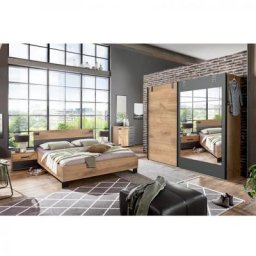 Chambre à coucher complète VERNON couchage 160 x 200 cm pin argenté et graphite