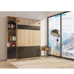 Composition lit escamotable style industriel KEY bi-ton chêne noir mat 140*200 cm L : 205 cm