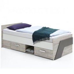 Lit NANTES coloris chêne sable, gris lava et blanc 2 tiroirs 1 plateau fixe