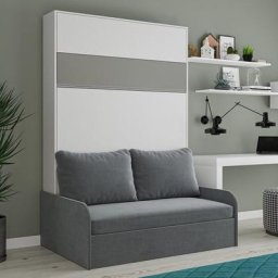 Armoire lit escamotable BERMUDES SOFA blanc bandeau gris canapé gris 140*200 cm