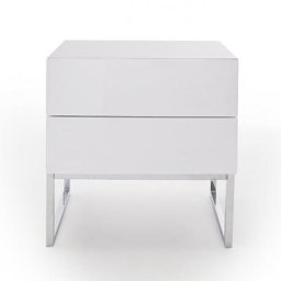 Chevet NOVO laqué blanc brillant pieds chromés 2 tiroirs