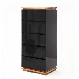 Commode haute CHARLY noir brillant 5 tiroirs plateau et socle chêne massif