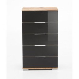 Commode ENSSE 5 tiroirs chêne poutre et verre gris