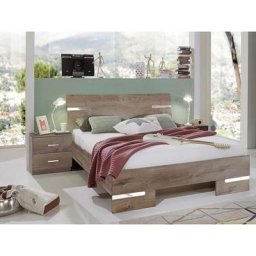 Lit CARAMELLA 140 x 200 cm décor chêne châtaigne rechampis décor chrome brillant