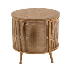 Table de chevet rond RIVO 1 porte en rotin, bois naturel, métal