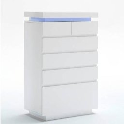 Commode haute OCEAN laqué blanc brillant 6 tiroirs LED blanc inclus