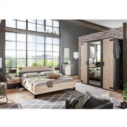 Chambre à coucher complete VERNON couchage 160 x 200 cm chêne poutre et graphite