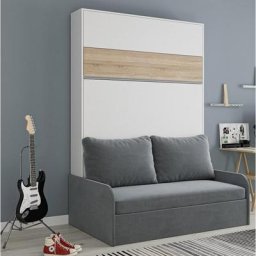 Armoire lit escamotable BERMUDES SOFA blanc bandeau chêne canapé gris 140*200 cm