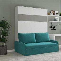 Armoire lit escamotable BERMUDES SOFA blanc bandeau gris canapé bleu 160*200 cm