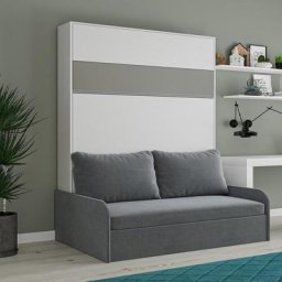 Armoire lit escamotable BERMUDES SOFA blanc bandeau gris canapé gris 160*200 cm