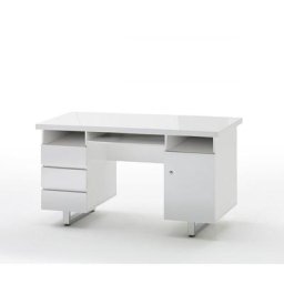 Bureau ALTONA finition laquée blanc brillant 3 tiroirs 1 porte 3 niches piétement métal chromé
