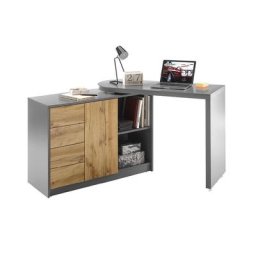 Bureau modulable MARKUS laqué gris mat et décor chêne 1 porte 4 tiroirs