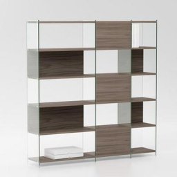 Bibliothèque murale BYBLOS en verre clair étagères coloris noyer