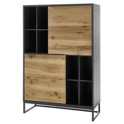 Commode ABOU chêne, gris anthracite 2 portes 8 niches piètement metal noir