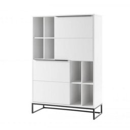 Bibliothèque LUARD blanc laque mat 2 portes 8 niches piètement metal noir