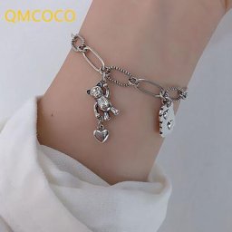 QMCOCO – Bracelet Simple couleur argent pendentif en forme de cœur Vintage Punk ours amour