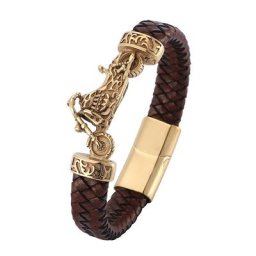 Bracelet de moto en cuir tressé marron pour homme acier inoxydable doré bracelet magnétique