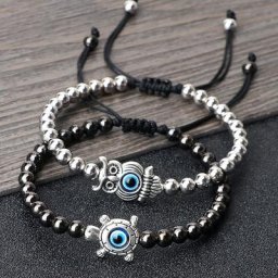 Bracelet de couple de perles de cuivre réglable breloque tortue mauvais œil théâtre vintage