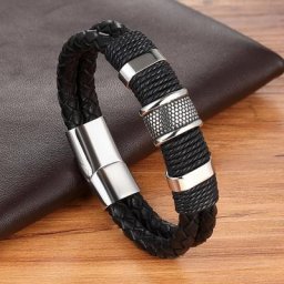 Bracelet à breloques en acier inoxydable pour hommes bijoux de haute qualité en cuir tressé noir et