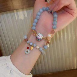 Bracelet en perles d'agate pour femme pendentif chat porte-bonheur diversifié style chinois