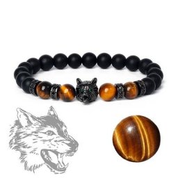 Bracelet Punk Tête de Loup pour Homme et Femme Couronne en Pierre Naturelle Roche de Lave Sauver
