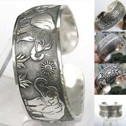 Bracelet tibétain Vintage en argent avec éléphant sculpté manchette large bijoux