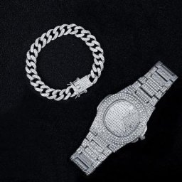 Montre + bracelet Hip Hop pour hommes en acier inoxydable couleur or calendrier avec strass