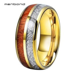 Alliances en carbure de tungstène doré pour hommes et femmes matiques en bois et météorite à deux