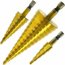Set de 3 Foret Fraise Meche Etage, hss Inox Metal, 4-12/20/32mm, Triangle Conique Titane, avec Tige